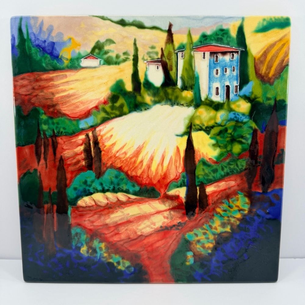 Vintage Italian Raised Glaze Ceramic Tile Wall Art Tuscan Villa Landscape 12x12